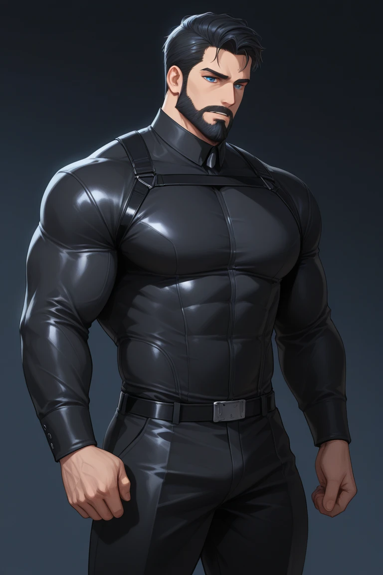 Muscular mature man in his 40s in a tight suit and realistic beard