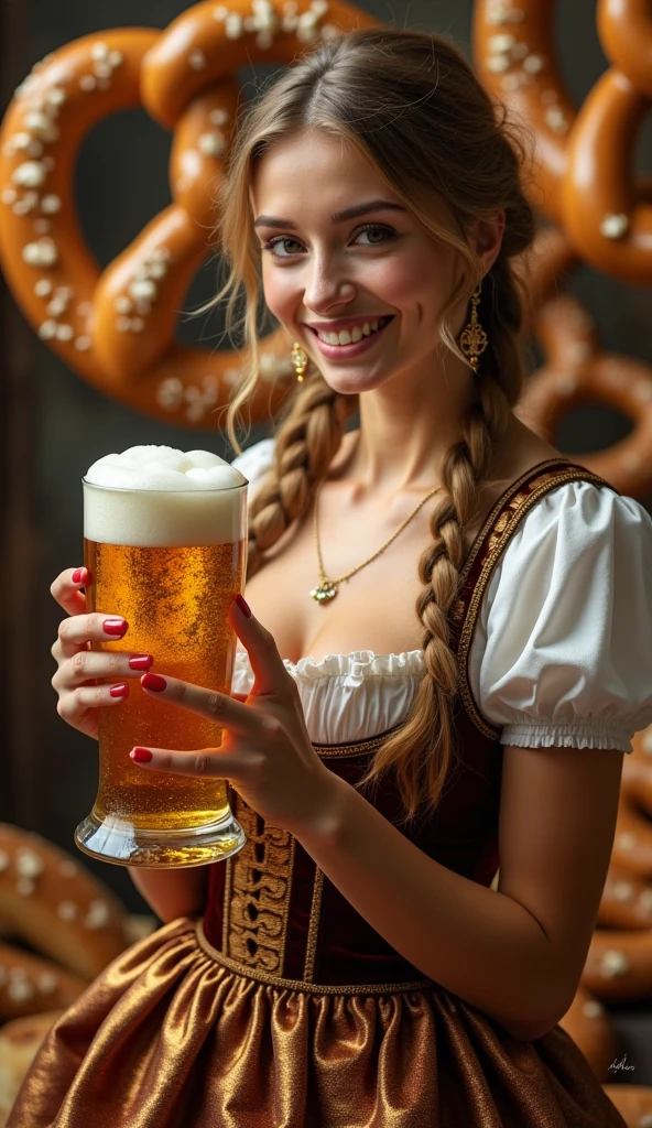 a nfnr1 wearing a dress at a bavarian folk festival carrying (four glasses of beer:1.5) in her arms, (4 liters of beer:1.5), front view, party tent in background