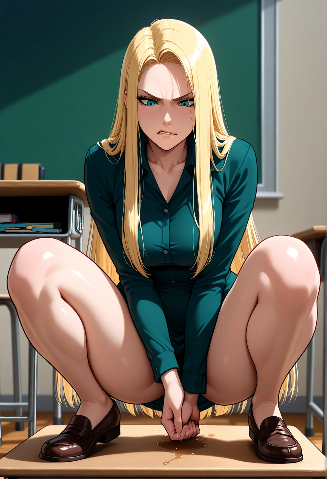 Beautiful 1girl, full body, solo, (very long waist length blonde hair, straight blonde hair: 1.28), ((light blue eyes)), clear skin, (large darker fox ears: 1.45), pale skin, medium breasts, cleavage, (thin hips, thin waist , athletic body: 1.25), background, looking away, pained expression, revealing clothes, (wearing no shirt, no top, naked, no panties, no bottoms, dog coller: 1.5), (sitting on floor hands bound above head:1.7), dungeon background, cage bars, 4k textures, soft light, elegant, highly detailed, sharp focus, soothing tones,