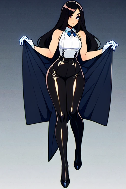 Fembendy, 1girl, solo, long hair, black hair, blue eyes, sexy girl, cute, short height, petite, skimpy body, small breast, black footwear, high heels, leotard, high leg, knee boots, black leotard, looking at the viewer, standing, full body, white gloves, white bowtie
