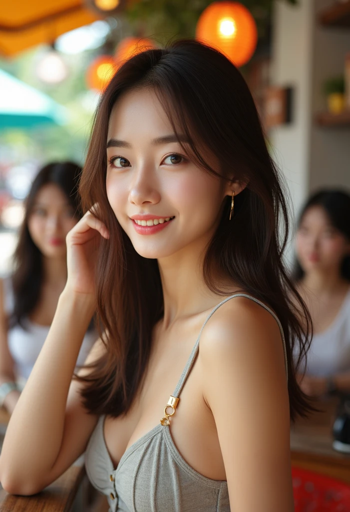 Japan beautiful、Clothes Tank Top、A woman in her 20s smiling、Large breasts、kawaii、Full body view of the front、