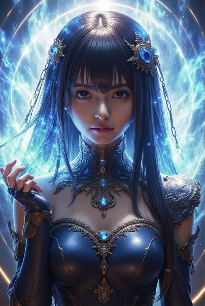 Milenka Mikhailova, (masterpiece), realistic, (portrait of a girl),beautiful black hair, beautiful face, sunlight, cinematic light, bangs, beautiful woman, beautiful eyes, short black hair, perfect anatomy, very beautiful, princess eyes, (black eyes), centered, stylized, bioluminescence, 8k resolution, white and black dress neckline with small blue details, human hands, full of wonder, elegant, approaching perfection,  dynamic, highly detailed, character sheet, concept art, smooth, looking directly at the viewer positioned so that their body is symmetrical and balanced, incredibly beautiful, detailed short black hairstyle with bangs