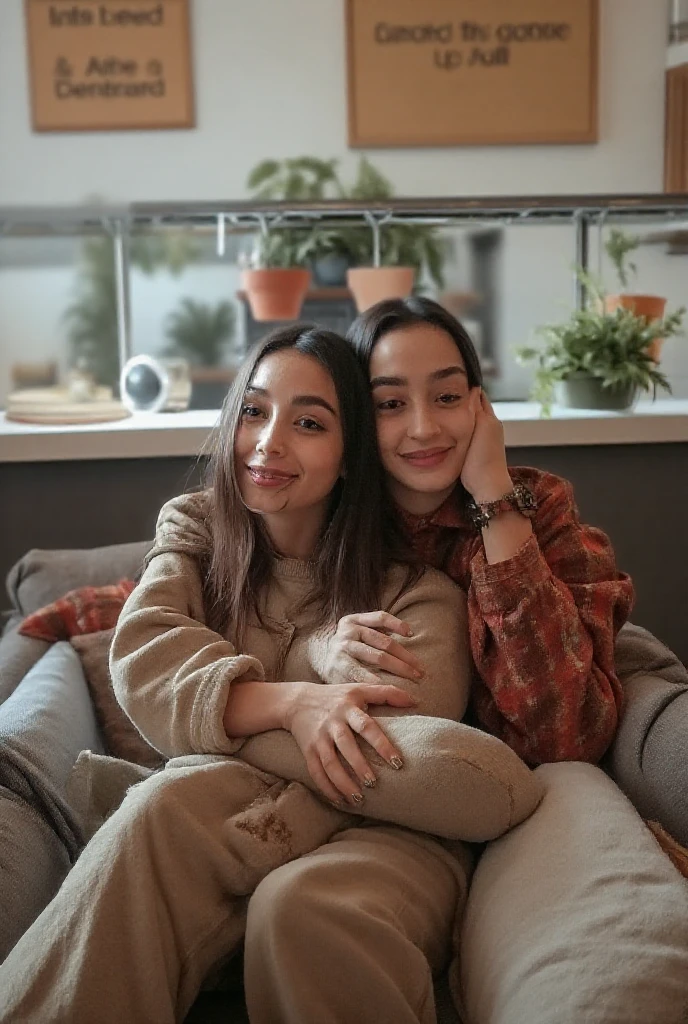 There are two girls hugging each other in front of a sofa, home fotografia retrato, imagem interna, Foto tirada com Nikon D750, Foto tirada com Nikon D 7 5 0, foto de retrato, foto retrato, childrens, Photo Session, photo shoot, Duas meninas, Beautiful girls, garotada, Foto tirada com Canon 5D, foto modo retrato