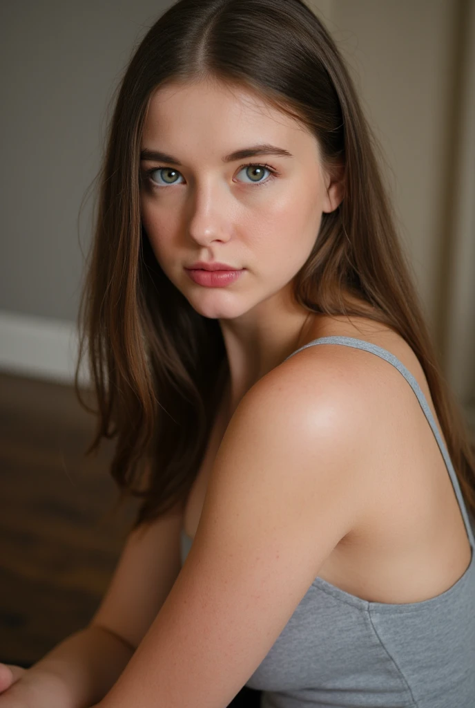 brookemonk, (close-up, editorial photograph of a 19-year-old woman from the 1990s), (highly detailed face:1.4) (smile:0.7) (background inside dark, humorous, private study:1.3) POV, by lee jeffries, nikon d850, film bank photography,4 kodak portra 400, camera f1.6 lens, rich colors, hyper realistic, realistic texture, dramatic lighting, cinestill 800, full body,  long shirt, living room, well lit, no moles on the body, large breasts, short brown hair, thick thighs, blue eyes, kneeling, slender body,