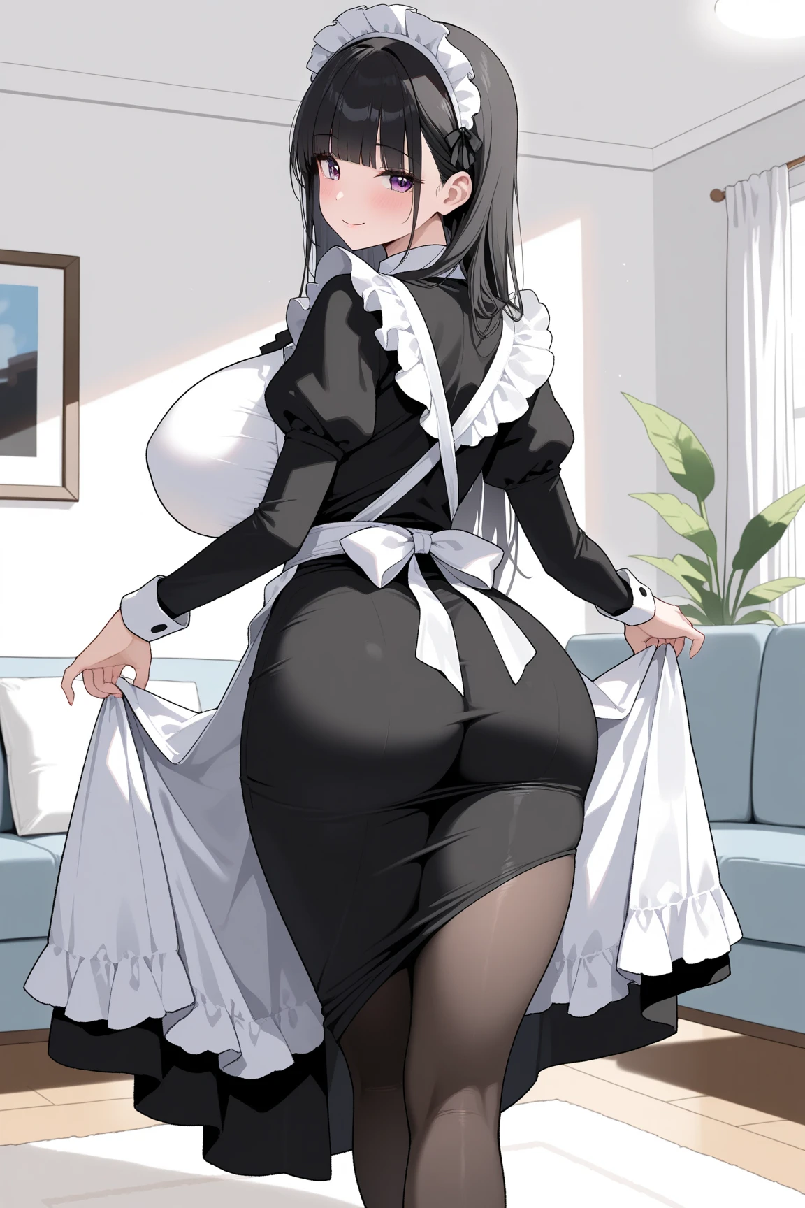 (nsfw:1.5),1girl,pov,black hair,light blue eyes,flustered,one-piece blackdress,(pov ??????:1),Embarrassed,big breast,maidapron,(White mob cap),puffy_sleeves,maid_apron, belt,thighhighs,masterpiece, best quality, very aesthetic, absurdres,(dress lift:1.5),(straight-on),(Panties),(servant:1.5)