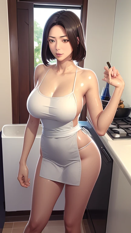 (NSFW, (((Masterpiece, Best Quality, photograph realistic))), (Shiny skin), (nfsw, 8K Wallpaper, High resolution), Perfect Anatomy, Cinematic lighting, Physically-based rendering, Award-winning, highly-detailed skin, extra detailed face, Eyes with beautiful details,
[A seductive mother in the kitchen, wearing nothing but a naked apron, showcases her big, curvy figure with ananal short hairdo. In a provocative and enticing pose, she invites you to indulge in a sensual creampie experience.
High Quality, 1 woman, mother, naked apron, anal, big ass,