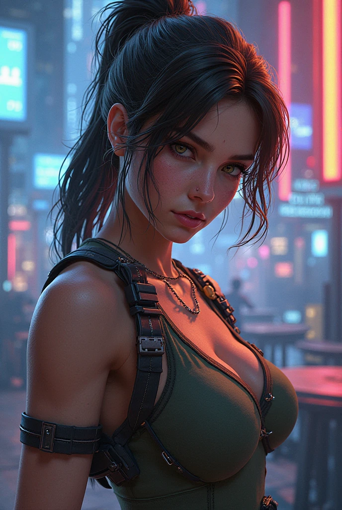 Photorealistic,Realistic illustration in Manga style,((Masterpiece)),((Best quality)),((Ultra detailed)),((Perfect anatomy)),((Perfect hands)),Cute_face,Exceptionally Beauty Waifu Megan Fox in Cosplay of Tifa Lockhart from Final Fantasy 7 Remake,((Only)),in a beautiful Schoolgirl uniform with heart lace and glowing crystals,black socks,light-red_eyes,wavy hair,eyeliner,Cute Makeup,with looking with lovingly,((Perfect Detailed Eyes)),in a Cyberpunk City with neon lights,rainy outside,night,((Extremely CG Unity 8K Wallpaper)),Intricate Detailing,Extremely beautiful and aesthetic,Octane Rendering,Full Body Portrait,damp skin,((Perfect Detailed Body)),