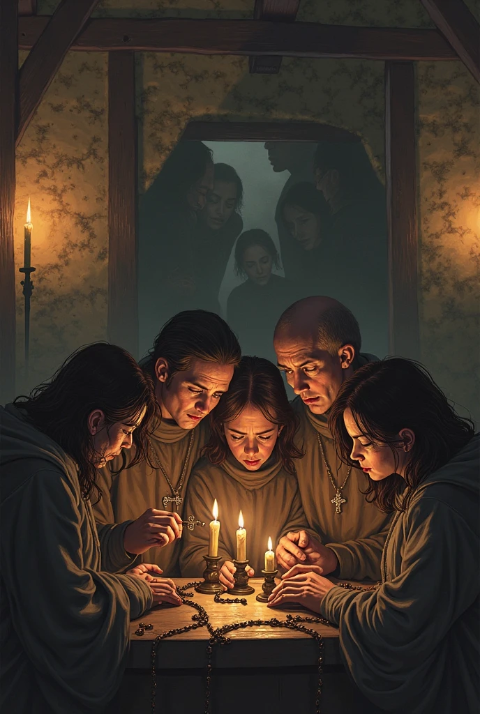 Hansel, trapped in a small, filthy cage, his face pale and eyes wide with terror. He is forced to eat food that is heaped in front of him, but his hands tremble as he reaches for it. Nearby, Gretel is forced to perform chores under the witch’s watchful eye. The atmosphere is oppressive, with the constant threat of violence hanging in the air