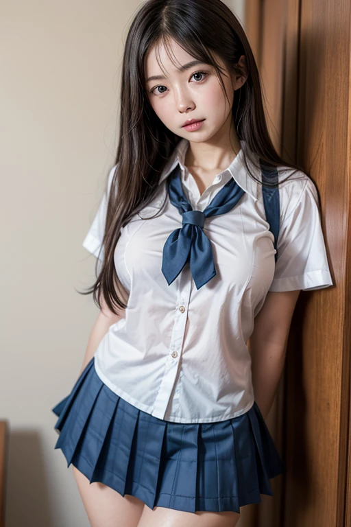 ((Best Quality, 8K, masutepiece: 1.3)), 1girl in, Shiny skin, sharp, Perfect Body Beauty, realistic shaded perfect body, (JK school uniform:1.3), (Japanese high school girl:1.2)(Uniform bow tie:1.3)(dynamicposes)、(White shirt:1.2), pantie shot, ("Skirt , ":1.3) , cleavage , (Big breasts:1.5) , (cleavage:1.5), a small face