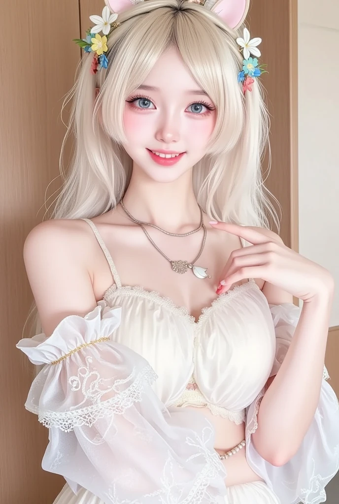 Fine details, high resolution, high quality、Perfect dynamic composition, Beautiful and delicate eyes, Double ponytail hairstyle, Beautiful breasts 、Natural lipstick, Face,Kamiaki、1 girl、clear translucent skin、Shiny hair、(Pink luxury clothes)、Fluffy skirt、Delicate lace、Complex dress、Exquisite hair accessories、Intricate earrings、Complex necklaces、a smile、