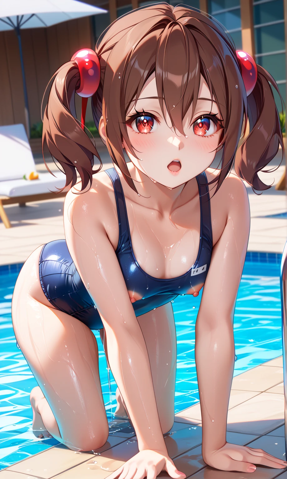 mirai kasuga (million live), (best quality, 8K, masterpiece, ultra detailed:1.2), (lens flare, light particles, sparkle), depth of field, day, dappled sunlight,ocean, outdoors, sunset,orange sky, 1girl, large breasts,sexy,light smile,solo,cute,sexy,innocent, Competitive swimsuit、Bukkake,hairclip, (plump), curvy,thick thighs, fertilization, wide hips, standing, thick thighs,utch angle, sexually suggestive,inclinando-se para a frente,
