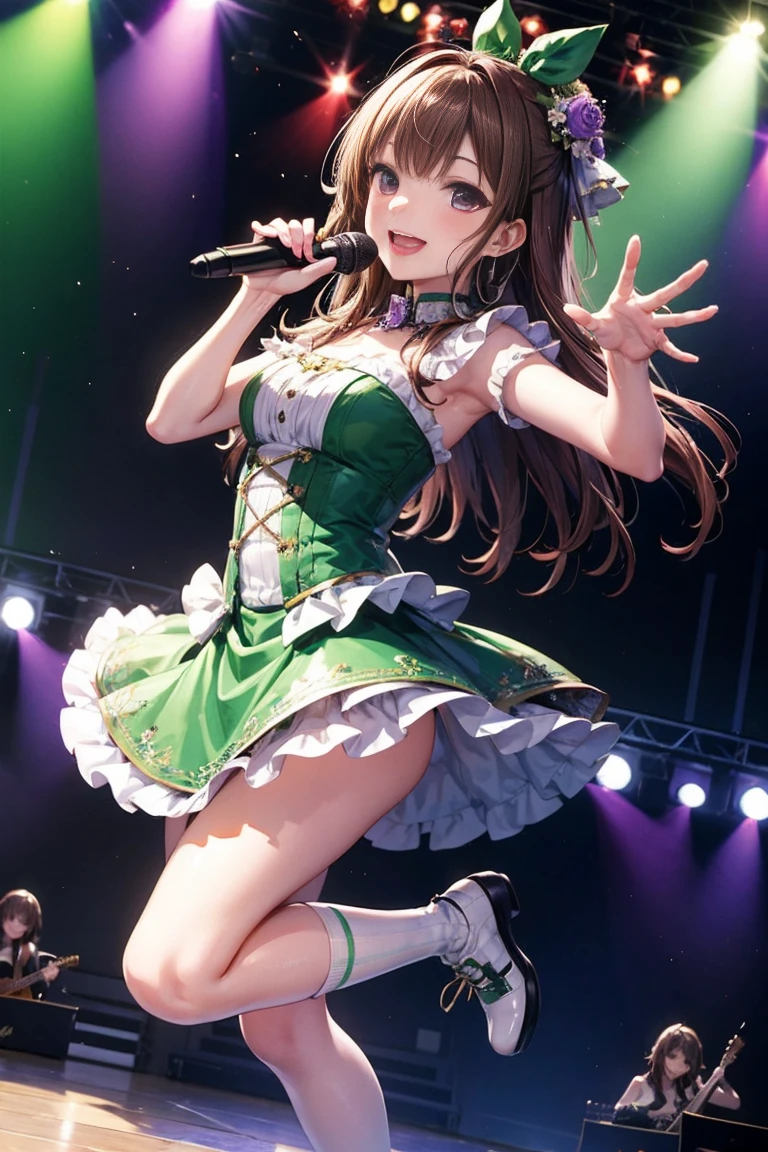 Highest quality、Complete limbs、Full Finger、Slender beauty、Straight hair、Brown Hair、Deresute、green, White and purple idol costume、Knee-high socks、Beautiful big 、Live Stage、sing、Dancing、Big smile