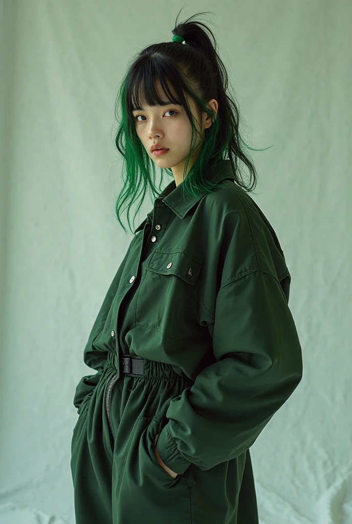 nokiapretty, student uniform , black background , greenhair, frome above