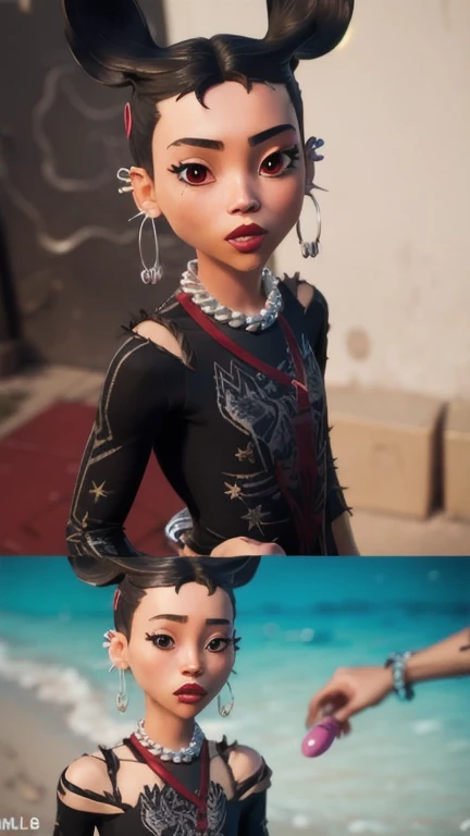 top-quality、Top image quality、​masterpiece、girl with((30year old、、Black short Navel Tank Top、White cargo pants、Best Bust、Bust 85、a curly black hair 、、Blue eyes、open ????? wide、Happiness、Chain Accessories、Black wristband on wrist、Ear-piercing))、hiquality、visualart、in bar、masutepiece