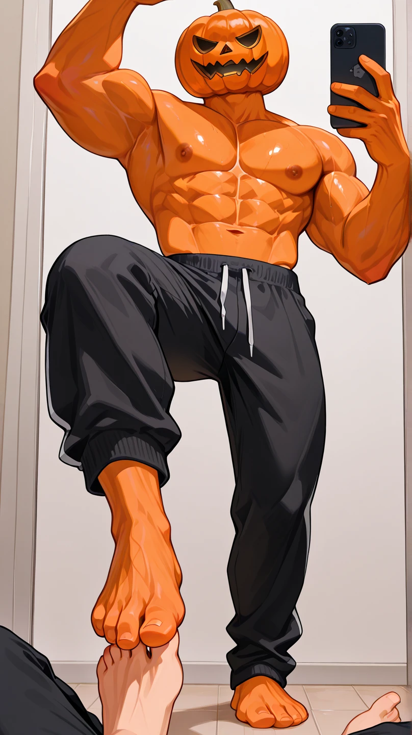 1man, Close-up of the lap of a man, crotch, lap focus, male only, gray sweatpants, white tank top, sitting over chair, legs spread, hands over thighs, muscles, slightly pulled down sweatpants, abs, navel, tip of penis pocking out of sweatpants