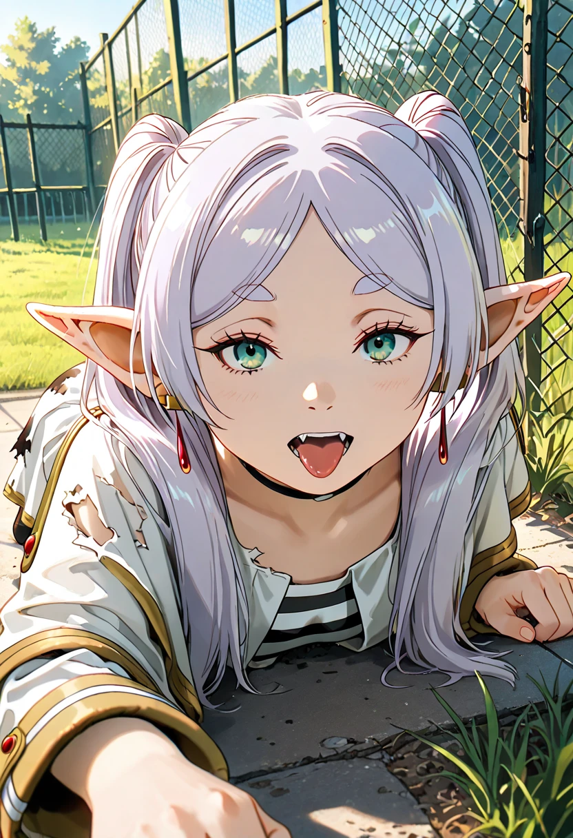 (best quality), (masterpiece), 0pen, solo,  mouth open, tongue out, looking at viewer, from above, projectile cum, facial, 1girl,, small breasts, solo,elf,white hair,grey hair,earrings,pointy ears,long hair,ponytail,green eyes,twintails,parted bangs,thick eyebrows, add text to the sound of love,