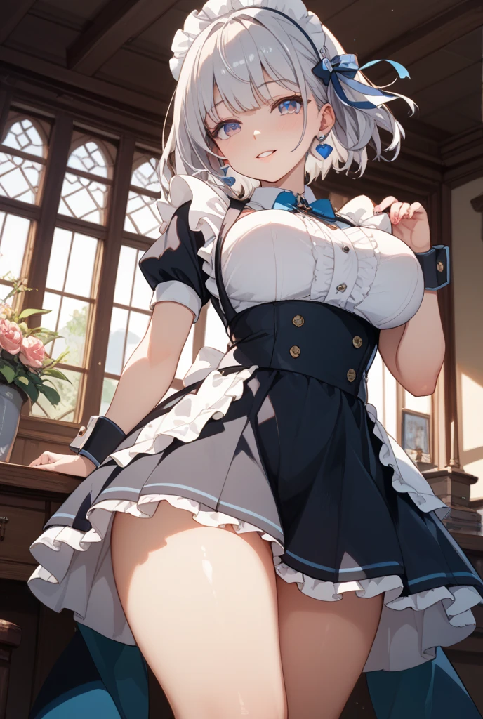 (masterpiece:1.3), (best quality:1.3), high resolution, couboy shot, leaning forward, body facing forward, (one cute girl:1.3), solo, white skin, big Breast, eight-headed person, light white hair, (bobbed hair:1.2), (short hair:1.1), (blunt bangs:1.2), beautiful hair, blue eyes, beautiful detailed eyes, open mouth, heart, cheerful smile, (rabbit ears:1.3), one piece dress, frill, white and blue clothes, miniskirt, earrings, indoors, bed, shadowlighting, approaching the object, holding a tower of gifts boxs