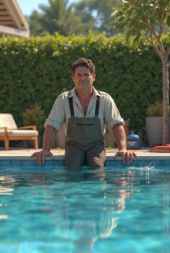 dad with a beard, wearing shorts, hypnotizing, sleepwalking, lifeguard (dad), eyes open vacant, sitting chair, (legs raised) extended, arms raised extended forward, feet up