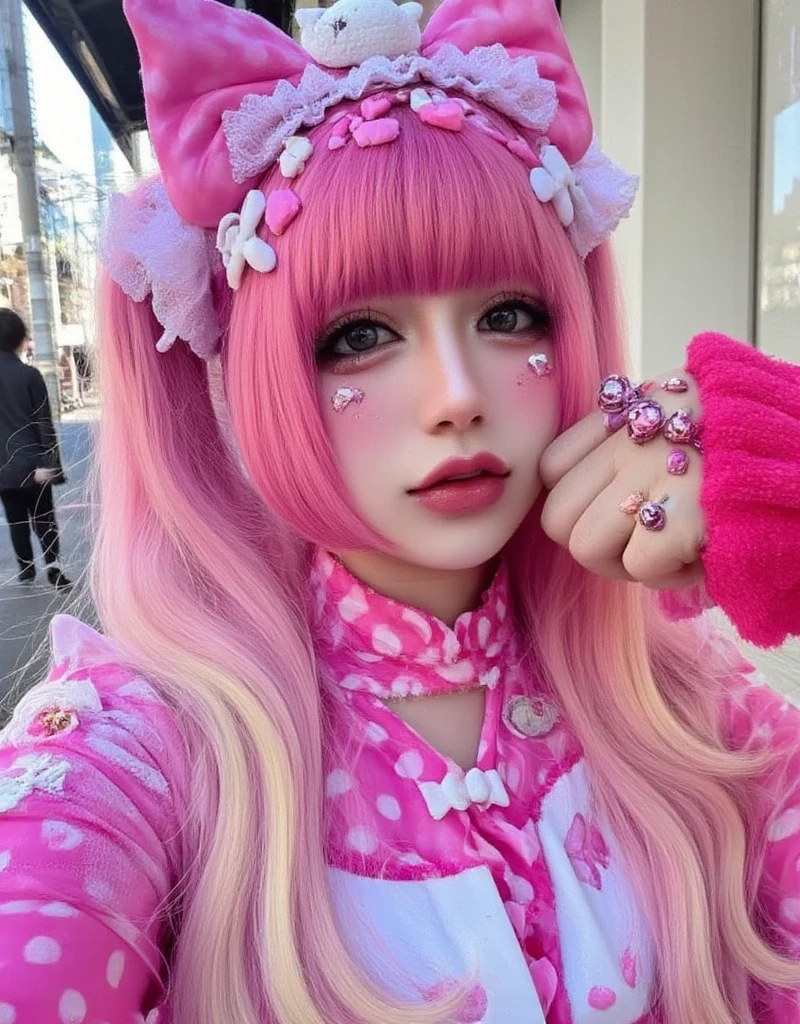 there is a woman in a pink dress posing for a picture, cybergoth, dressed in crustpunk clothing, harajuku fashion, wearing a dress made of beads, glamourous cosplay, harajuku street fashion, she looks like a mix of grimes, pastel goth, fantasy outfit, bubble goth, dollpunk, peach and goma style, y2k style