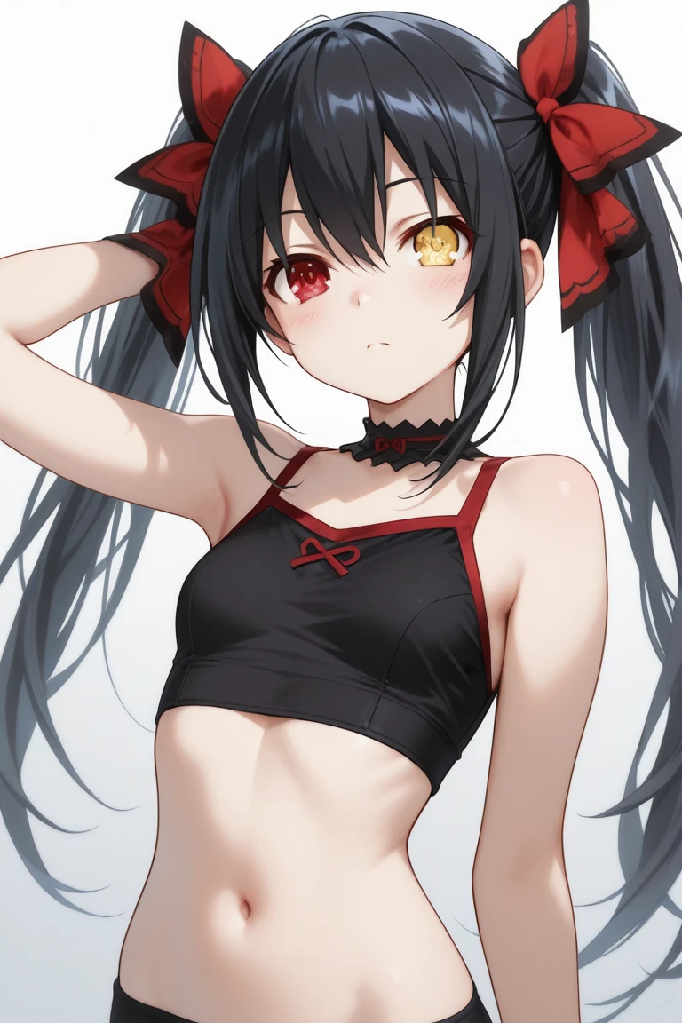 ((high quality)), ((masterpiece)), 8k, yellow eyes, red oni, simple background, long hair, mole under eye, red horns, oni horns, pointy ears, looking at viewer, skin-covered horns, flat breasts, tail, solo, demon girl, demon tail, 1girl, colored skin, freckles,black hair, red skin , crop top, jeans, arms up, armpits