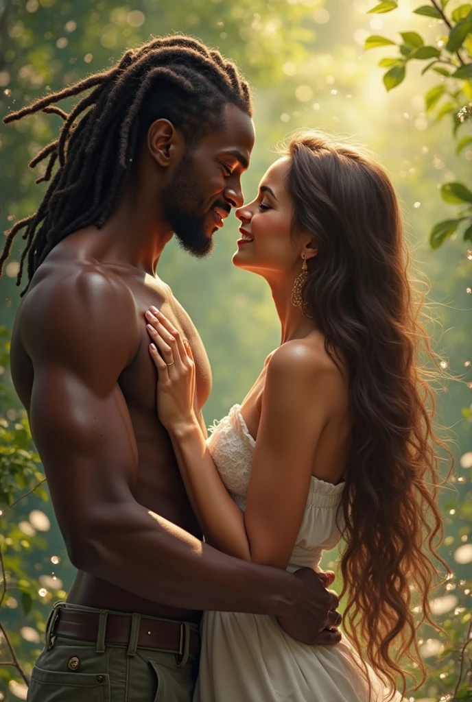 dark skinned couple, woman with straight hair and waistline, man with very short hair, almost bald and strong physique ,hugging, happy together