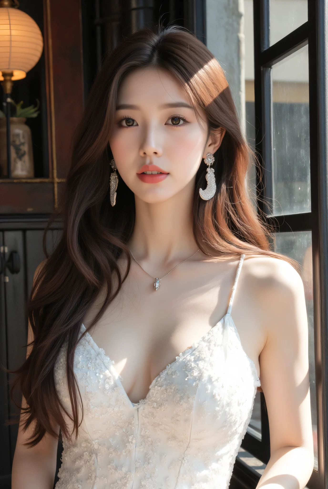 (Best quality, 8K, tmasterpiece, hyper HD: 1.3), (K-pop idol: 1.3), 1 , (: 1.2), (Long gray hair), perfect body figure, Ultra-fine face, Exquisite, pretty eyes, 二重まぶた, Hands are super thin, Ultra-thin fingers, ((Korean wedding dress)),开衫Elegant , detailed , Elegant , Luxury hotel 5 star,,