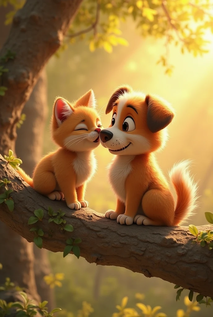 The dog and cat find the mother cat in a clearing in the forest. The cat is hugging its mother, both happy and relieved. The dog stands nearby, looking proud and content. The scene is heartwarming, with a glowing sunset in the background.