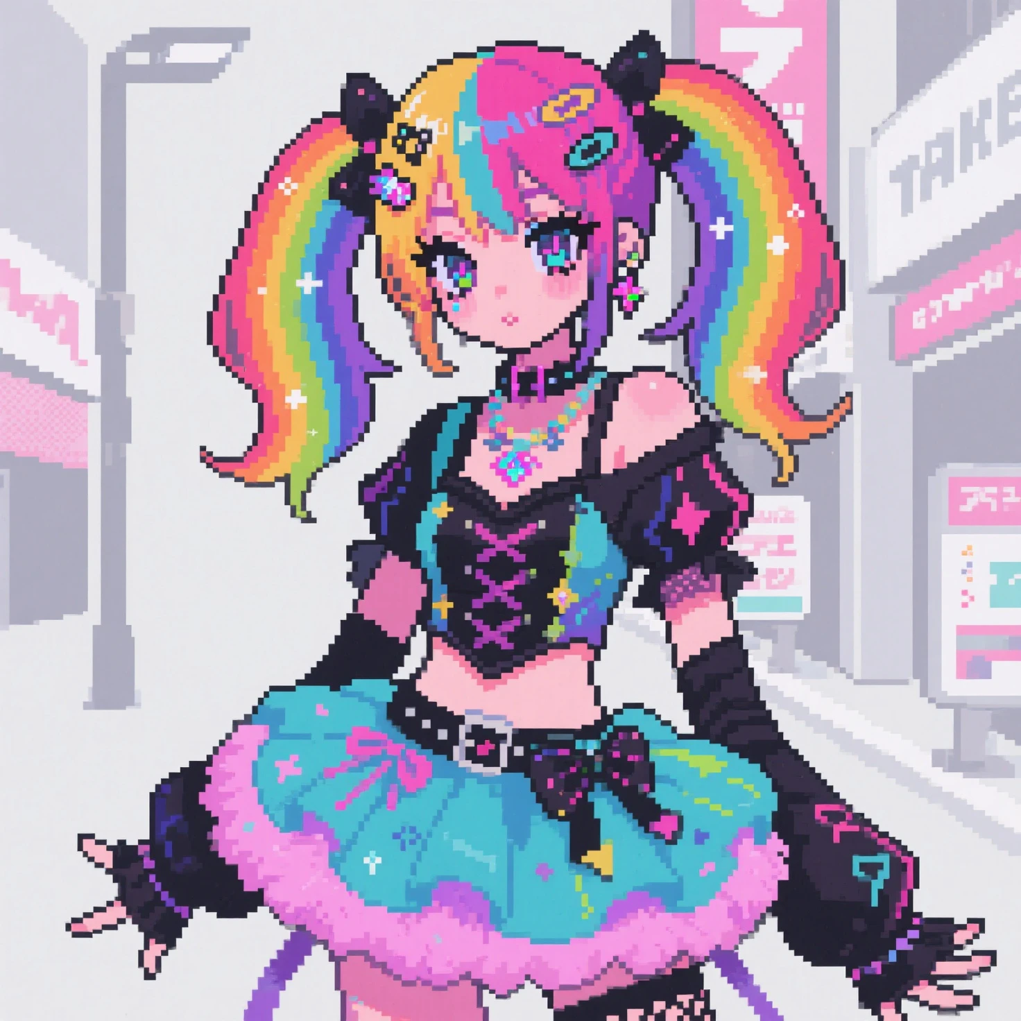 ((Masterpiece, highest quality, pixel, pixel art)), highly detailed, full body, 1girl, girl in a skirt and headphones, :3, long hair, bangs, multicolored hair, two-tone hair, gradient hair, brown hair, brown hair with pink tips, [[[[[[[[[pink hair]]]]]]]]], black crop top, red skirt, pleated skirt, stockings, leg warmers, black choker, red eyes, star (symbol), symbol-shaped pupils,