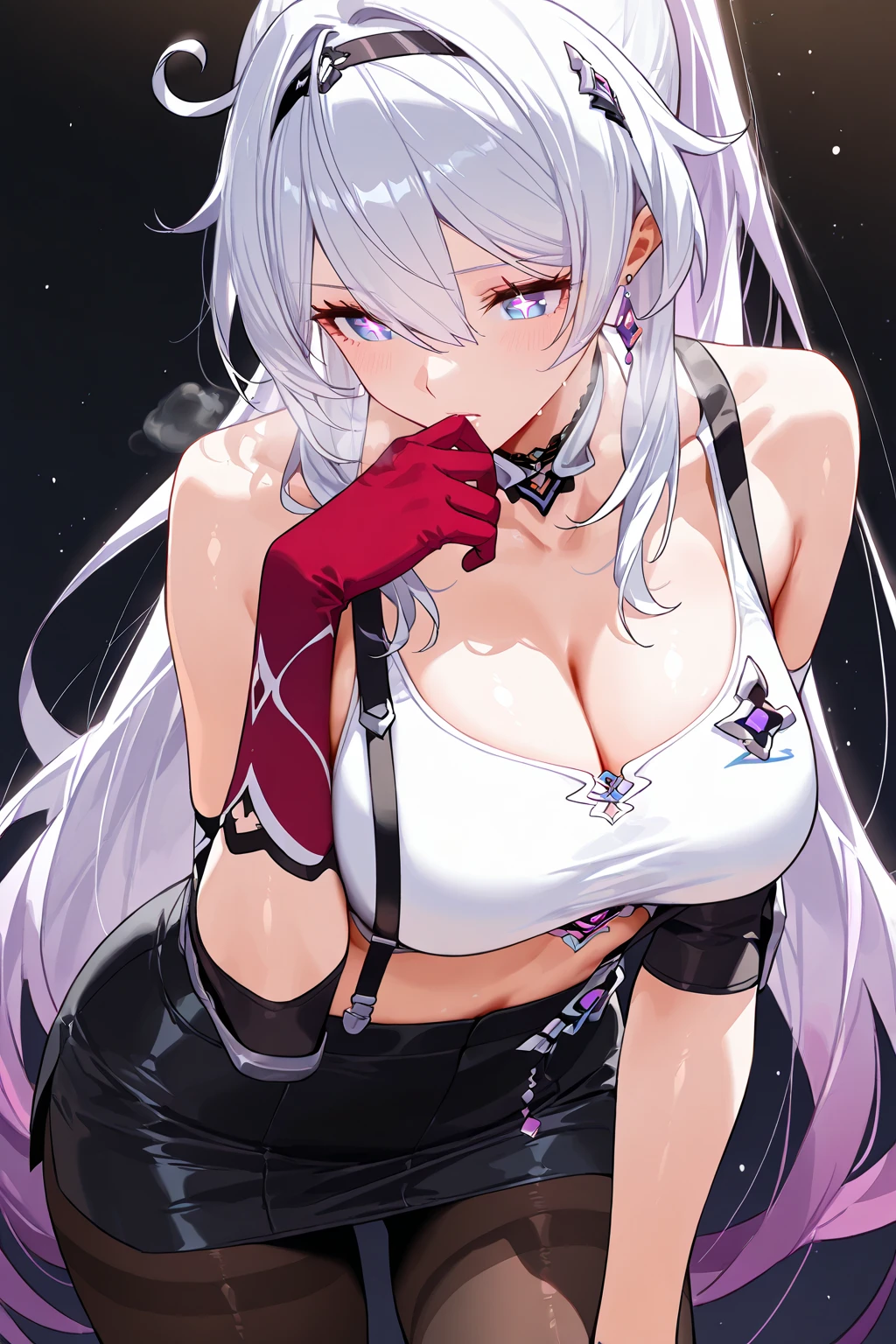 (8k、Best image quality、highest quality、masterpiece)、Detailed face、 One girl、Dark silver hair、Long Hair、Wavy Hair、Grey Eyes、Earrings、evil smile、Large Breasts、((suit jacket:1.2))、((pink micro bikini))、Cowboy Shot、counter、Wine Bottle、BAR Background