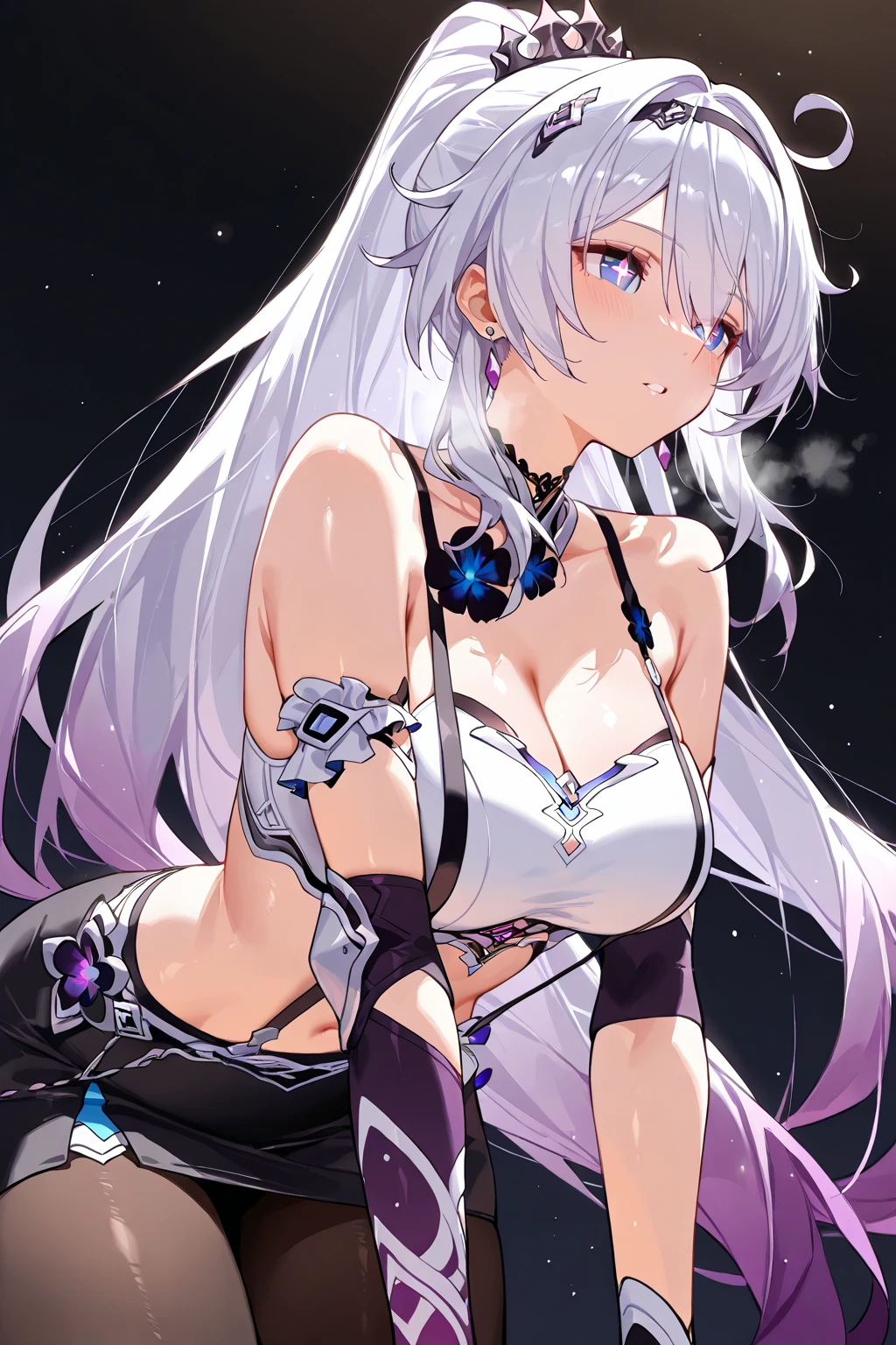 (butt), (sexy girl), Emilia re:zero, purple eyes, Emilia, crown braid, x hair ornament, flower hair ornament, white hair, long hair, medium breasts, masterpiece, best quality, 1girl, bangs, blush, ear piercing, eyebrows visible through hair, jewelry, long hair, looking at the viewer, bright eyes, ring, (solo), illustration, fashionable, woman, posing, background, elements, confident, expression, accessory, majestic, eye-catching, focus, dynamic pose, ((thin))