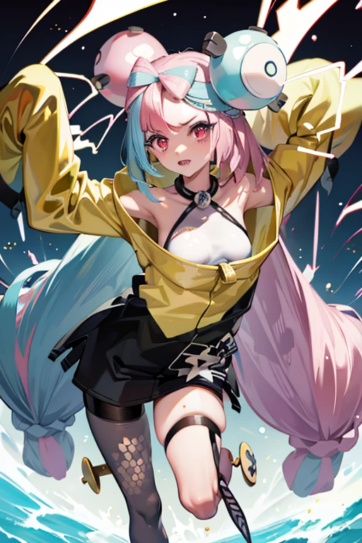 (Highest quality, masterpiece, Very detailedな, Very detailed, Exquisite, 16K,Full HD),(White Background:1.5),、Big Breasts,Pink hair and blue eyes、Yellow Jacket、Please raise your right hand、Lower your left hand、Stand only on your right foot、Raise your left leg。smile、Nanjamo,No text