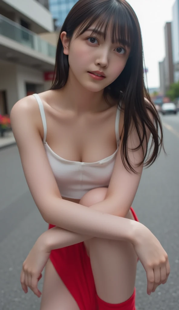 Top-quality Realistic,Official art,Highly detailed CG Unity 8k wallpaper,ultra-detailliert,hight resolution,Physically-based rendering,Magnificat,finely detail,masterpiece,Best Quality,ultra detailed,Mature beauty,Beautiful women,1girl,moist lips,sexy lips,Sexy smile,Gentle smile, 20 years old, Beautiful bare skin,Smooth bare skin, big well-shaped breasts, beautiful cleavage,beautiful Mature body,swept bangs,(medium hair:1.3), beautiful detailed eyes,model shoot style,Japanese Idol,Half-body,(Streets of Oia in the background), (in Oia's shopping street),BREAK,NSFW,(((Polyurethane naked dress))),BREAK,model pose, spread legs, (squatting:1.3),Delicately expressed eyes,cute smile,A gentle smile like a goddess,((Extreme close-up from head to breast)),beautiful hands and fingers