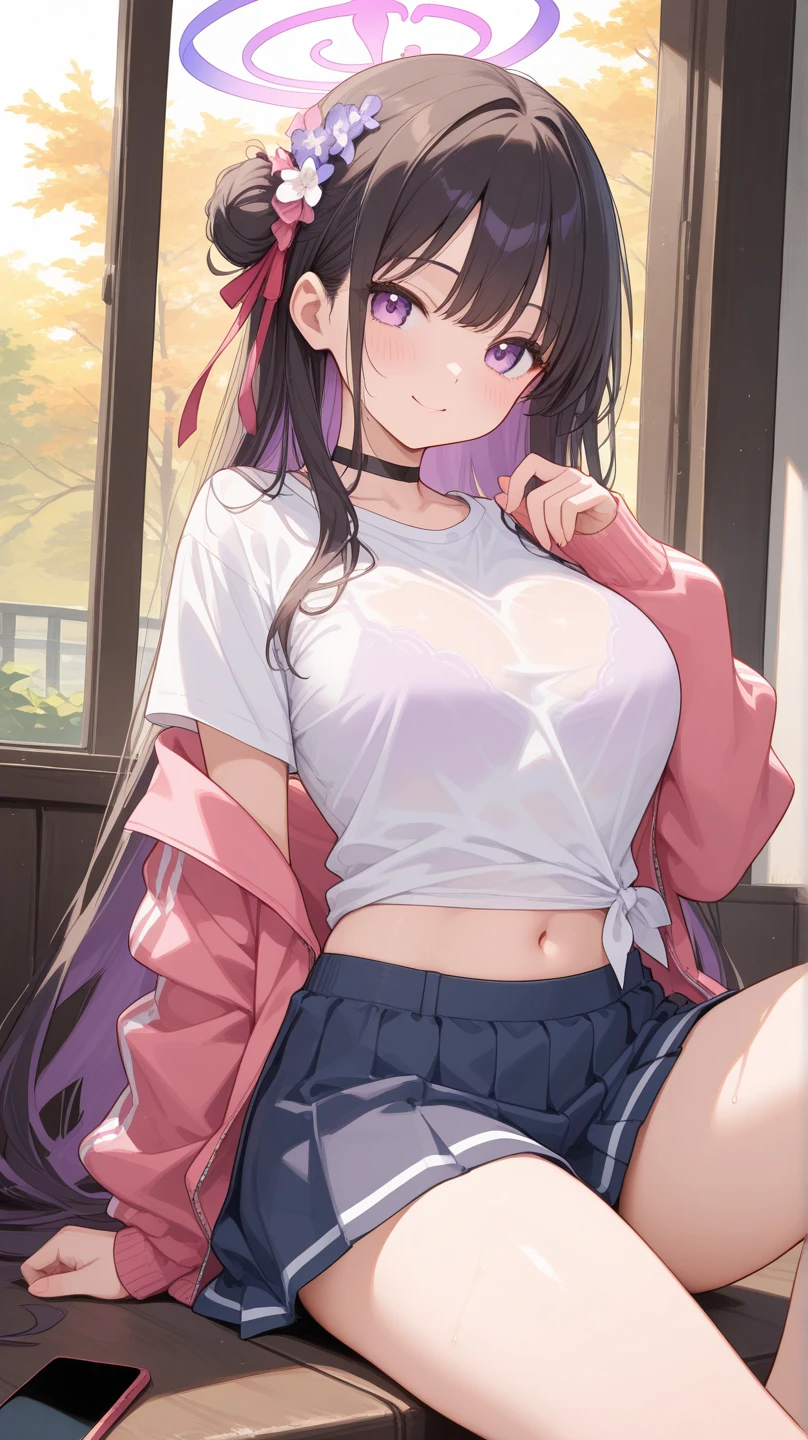 detailed face、long eyelashes、detailed eye、crimson long hair、wavy hair、(purple eyes:1.3)、(dark red hair)、big breasts:1.5、Close your chest、embarrassed look、1 woman、25 years old、human、earrings、high quality、thighs、shiny skin、denim shorts、Sunny sky、Lawn Park、lewd in public、丈の短い白Tshirt、transparent nipples、blancheTshirt、butt、