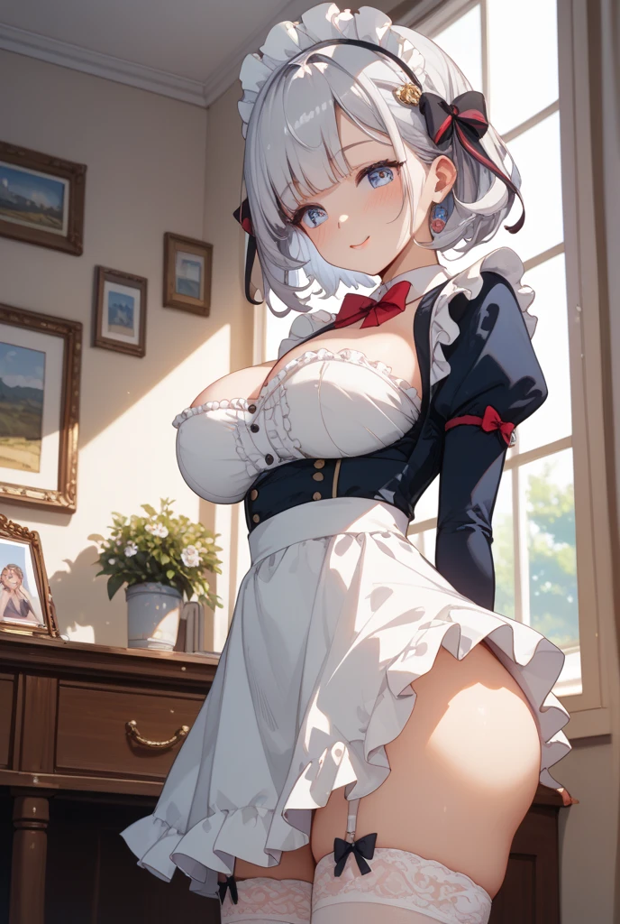 masterpiece, best quality, highres, aarem, short hair, maid headdress, x hair ornament, hair ribbon, hair over one eye, large breasts, frills, neck ribbon, cleavage, dress, detached sleeves, white apron, waist apron, white pantyhose, standing, cowboy shot, smile, indoors, v arms, hand between legs, skirt lift