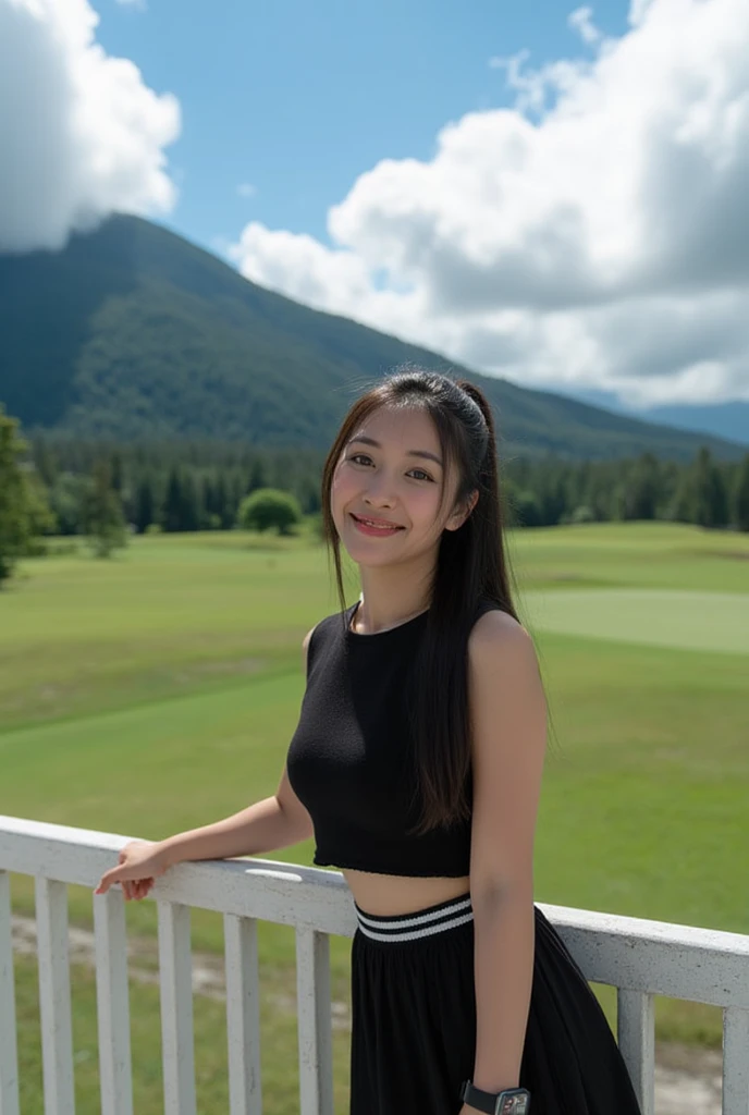 ((best qualtiy, 8K, tmasterpiece:1.3)),Focus:1.2, female high-school student，wooden cabin，（A look of determination）（adolable），delicated face，Long hair waist-length，long hair flowing，Tilt your head，ssmile，Hair details，Delicate Full Body Portrayal，Delicate depiction of the face，Best picture quality，A high resolution，细致背景，Delicate portrayal，exquisitedetails，Rich in detail，Facial strengthening，(Black crop top with crop top，short  skirt)，with blue sky and white clouds，Sitting Among the Flowers，wooden cabin，There are no bags under the eyes