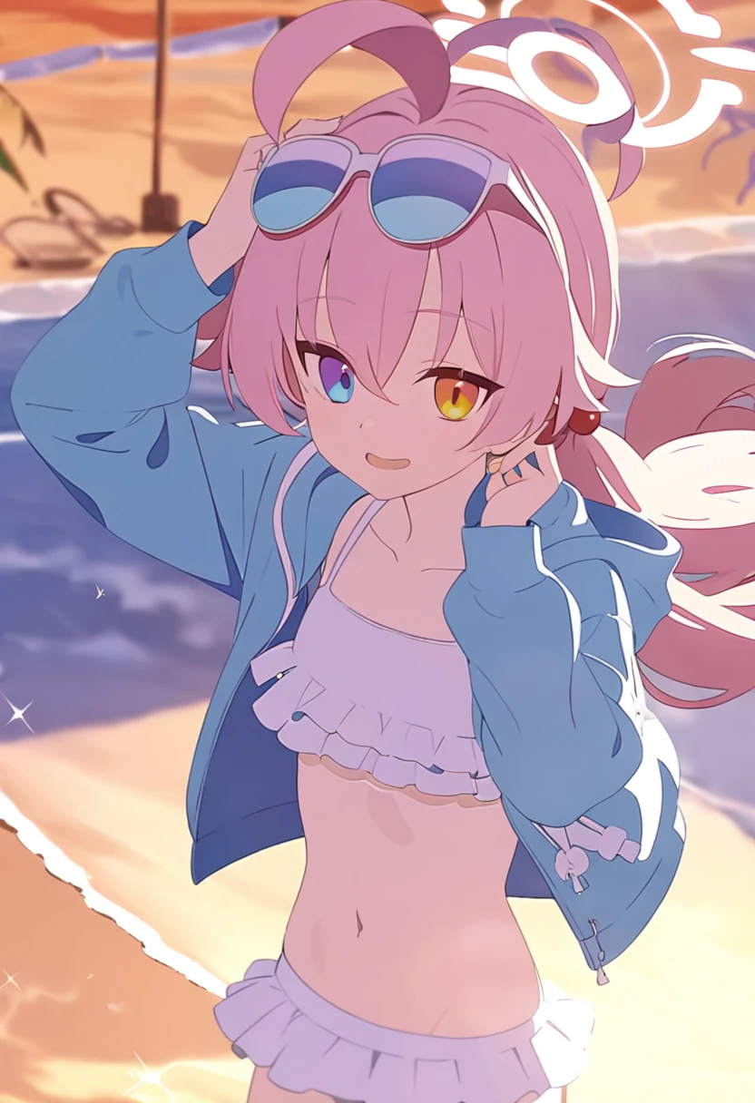rays of sunshine,sandbeach,比基尼,the sea,Pink hair,(tmasterpiece),(best character detail:1.36), the golden ratio,8K,one-girl,Fox ears,middlebreast,small abs,standing on your feet,fox tails,Smile