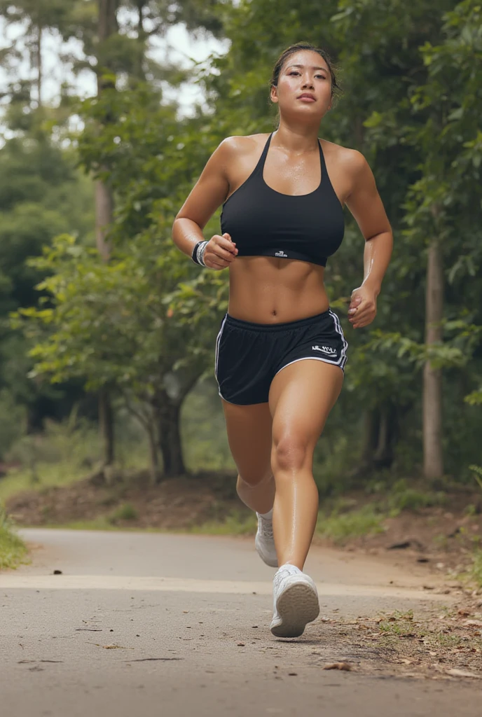 The highest image quality, High quality, 8K, (Realistic Photos:1.4), (One beautiful woman:1.33), Beautiful expression, Eyes and faces with detailed, sweaty skin, wet skin, (Thin sportswear:1.3), (Woman running on the running track), Smiling, (Beautiful lighting:1.3), Super Detail, high detailing, High quality, High resolution, cleavage, (medium breasts), (able to see shape of nipple:1.2), (very short hair), (Beautiful woman), (Wear tight short leggings), (Sports Bra:1.33), (You can see your nipples), cleavage, (Cute navel:1.3), (full body), (Depth of field f/1.8), (looking in camera:1.3), Sharp Focus, (The crotch is plump:1.4), wet crotch, wet skin,