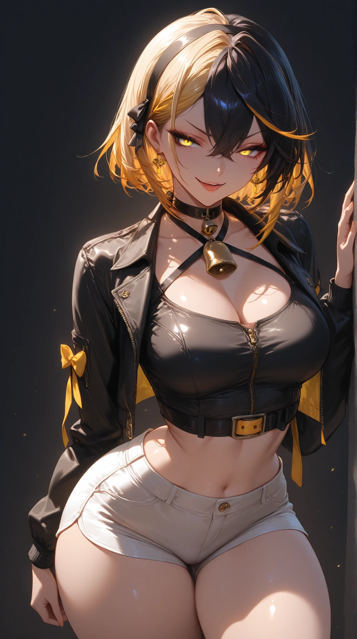 full body), open clothes, ((wind)), ((upper body)), ((thick thighs)), ((close-up)), (portrait) (((masterpiece))), (highest quality), ((perfect face)), very deep eyes, (cinematic lighting), detailed eyes, best quality, sidelight, highres, (intricate details), detailed finger, (illustration:1. 1), highres, (beautiful face:1. 15), trending on artstation, superb, 8k wallpaper, extremely detailed, intricate, award-winning, hyper-detailed, photorealistic background, braided hair, (((masterpiece))), (highest quality), ((perfect face)), very deep eyes, (Beautiful Detailed Eyes),Perfect ???????, Eyeliner, nsfw, (cinematic lighting), detailed eyes, best quality, sidelight, (intricate details), detailed finger, (illustration:1. 1), (beautiful face:1. 15), superb, 8k wallpaper, extremely detailed, intricate, award-winning, hyper-detailed, photorealistic background, sharp eyes, choker, (large breasts: 1.2), cleavage, light smile, (black crop top, thin material, jean shorts), open waist, (symmetry eyes), (perfect symmetrical body), braided hair
