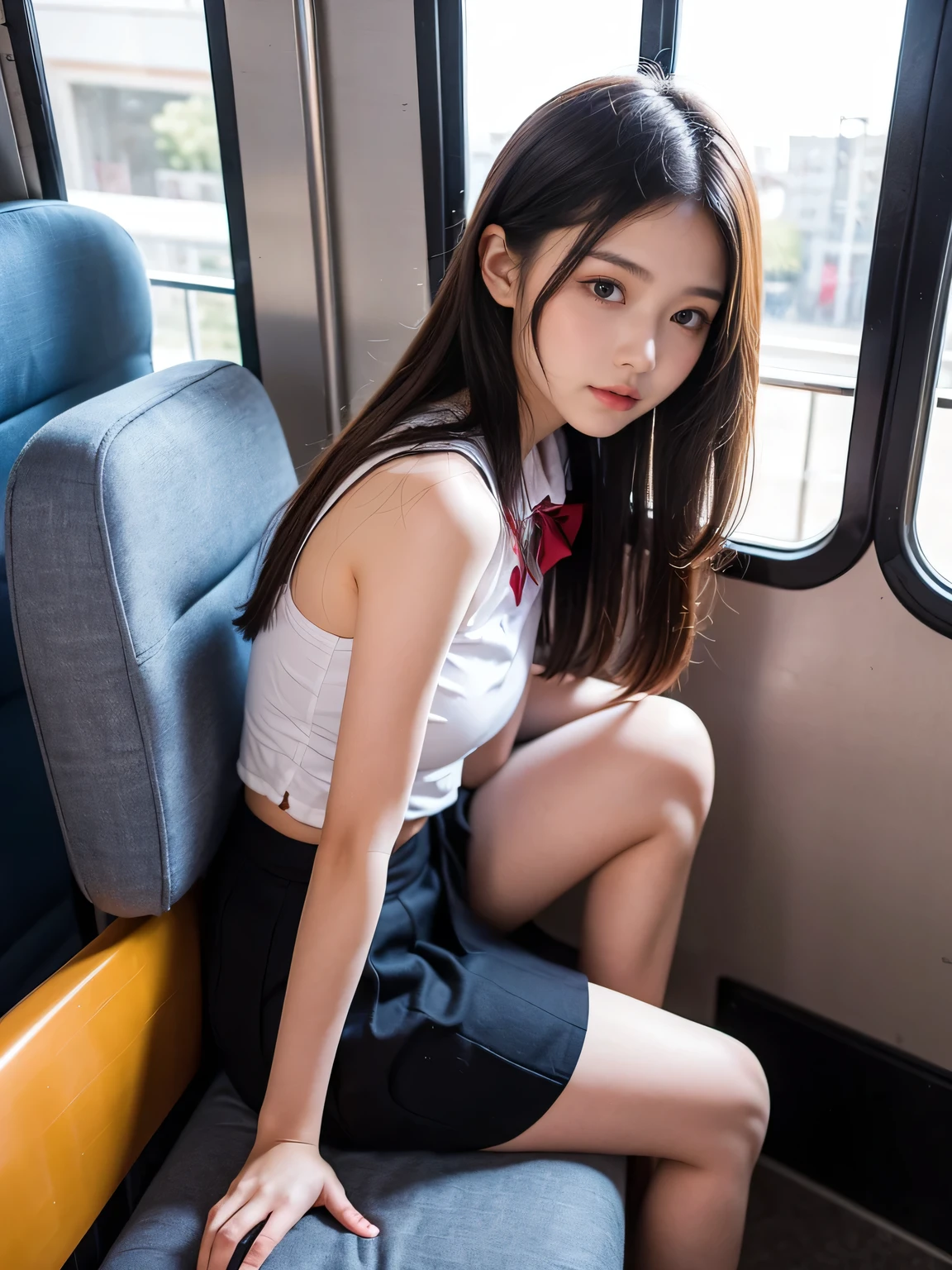young woman,Always wear a shirt,Highest quality, Face Focus, Soft Light, Ultra-high resolution, (Realistic:1.4), RAW Photos, 1 Japanese girl, alone, cute, (pupil, Light in your eyes), Beautiful face in every detail, (Small box),(High resolution detail of human skin texture), (Long Hair), indoor, Damask Shirt Dress, (Portraiture)Highest quality,Very detailed,masterpiece,Realistic,Photo realistic,Bright lighting,One Girl, Very beautiful 17 year old girl, (cute:1.2),A faint smile, (Brown eyes),(Light Brown Hair),(Bans),Perfect glowing skin,Perfect Skin,((erotic,Sexy and sexually explicit)),((Accurate needles without discord)), Big ample breasts,Big breasts and small waist, Observe your audience,,((Short sleeve uniform white shirt)),(Blue mini pleated skirt),(((Roll up the skirt yourself))),(Lifted it himself),(Showing panties),Wearing panties,Panty Focus,((Sitting,Spread your legs wide)), socks, (Black knee socks),(Loafer shoes), Daytime,in the train,A long, horizontal seat facing away from the window, A big smile