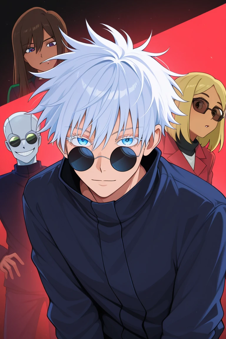 cabelo curto, 1 menino, cabelo branco,cabelo espetado, gojou satoru, olhos azuis, colored eyelashes, hair between the eyes, pelado, round sunglasses ,acimaper body, sorrindo, looking at the viewer, do lado, sozinho