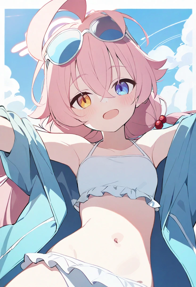(highest quality, ),cute Kindergartener,small breasts, Candy shop magazine cover,Jacket photo,Girl drinking ramune,Candy shop background, Girl drinking ramuneたち,wonderful, 18+, NSFW,girls happy, , wonderful, cute, smile, audience, article, shape, advertisement, magazine title, Lily \(Pokemon\), ラムネCMのadvertisement, Are standing, cowboy shot, looking at the viewer, green eyes, smile, V arm,