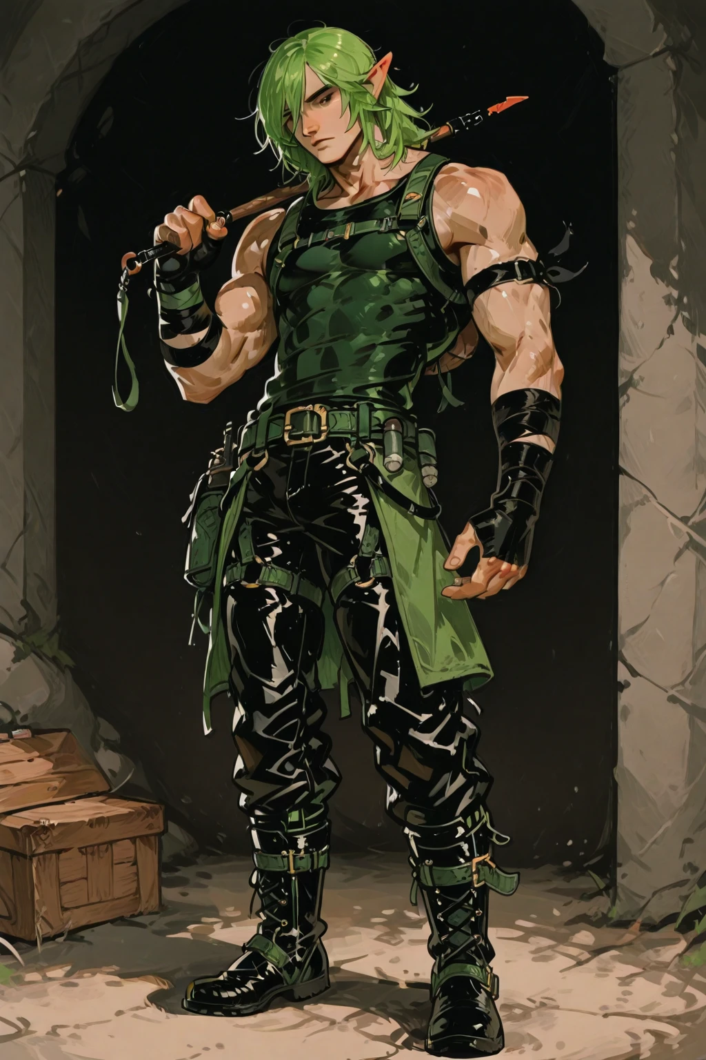 Huge muscles,Huge crotch bulge,Claude,Intense ,armor,Red Bandana,Green Globe,Hero Suit