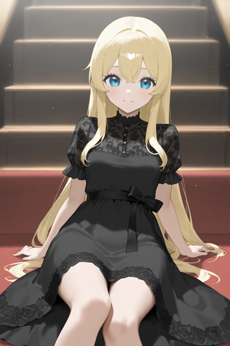 (masterpiece, Best Quality:1.2), absurdities, perfect anatomy, owtech, stylized, 1 girl, full body, looking at the viewer, blunt bangs, (black gothic dress, black lips, blush,), Focus only, Soft lighting, (blue eyes), blonde hair, very long hair, twintails, Airi Akizuki, medium breast,