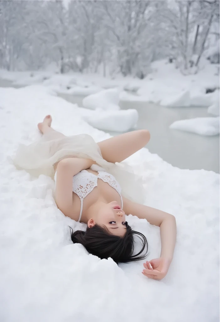 ((masterpiece, highest quality, Highest image quality, High resolution, photorealistic, Raw photo, 8K, female masturbation, hand on vagina, large thighs, lying down in snow, snow around, entire body, feet)) ((squirking)) ((naked, no bra, no panties, barefoot)) ((50 years old)) Mature japanese woman, (Rides aux coins des yeux:1.2) shaved pussy, perfect pussy lips, perfect hands, perfect face, very cute face, chubby face, chubby cheeks, erotic, outside, in the mountains, snow, snowy, snowstorm, snowing, cute wool cap, arms above head, perfect legs, perfect feet, open legs, showing pussy, charming, white stockings, wool scarf