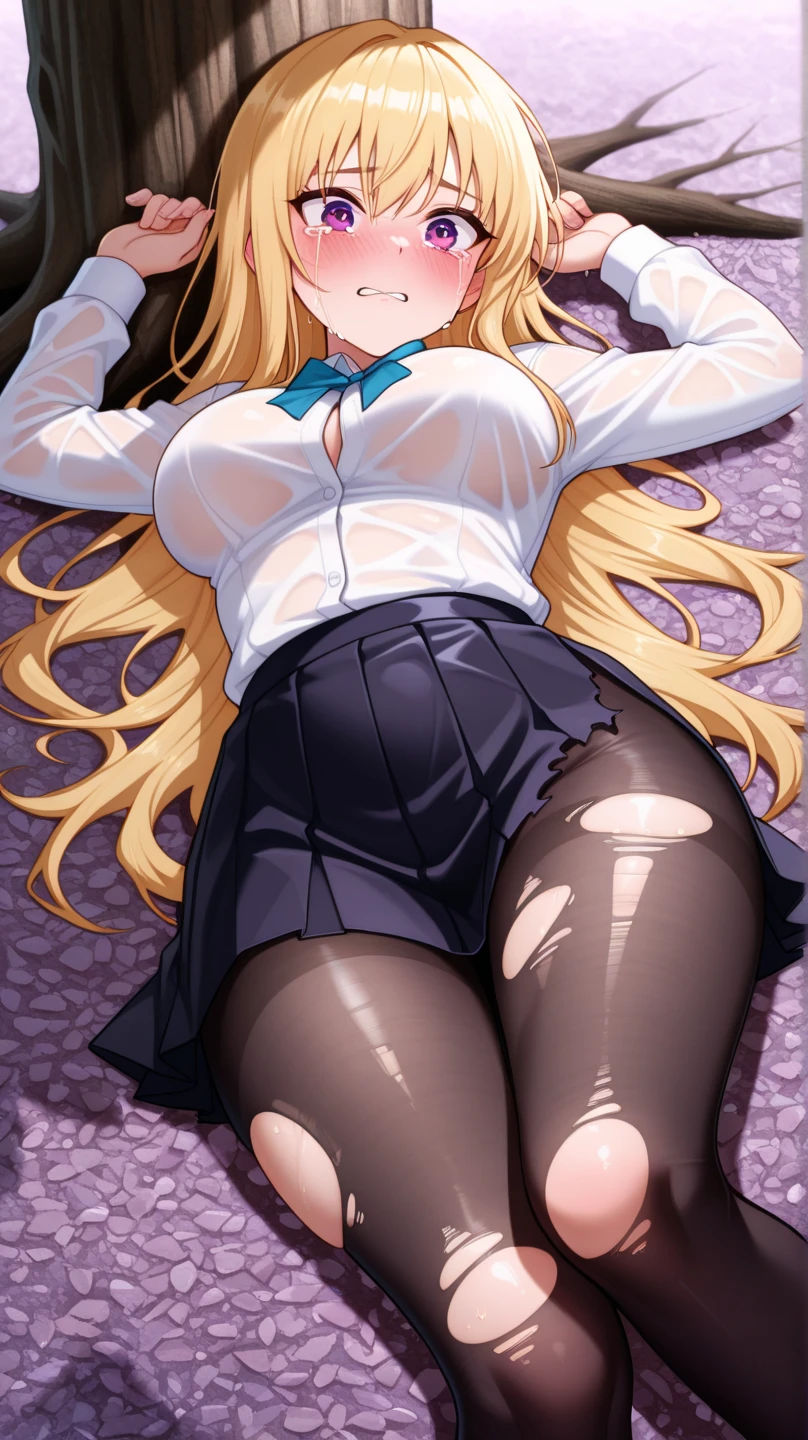 ((Correct Anatomy)),(Female student),((school uniform)),((Sailor suit)),((Lace panties)),(Mini Pleated Skirt),(((Black Pantyhose)),((Lie on your back with your legs spread apart)),((Beautiful feet)),((Big Breasts)),Ultra-high resolution,Mature Woman, Mature Woman, Very detailed,Perfect hands, Detailed fingers, Beautiful details, ((Long blonde hair)),((ponytail)),loafers,Earrings,Embarrassing,Perfect Eyes, Captivating eyes,Luxury Bed
