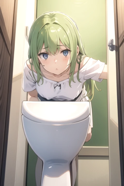 Woman crouching in toilets , sucking man dick , rolling eyes and blush