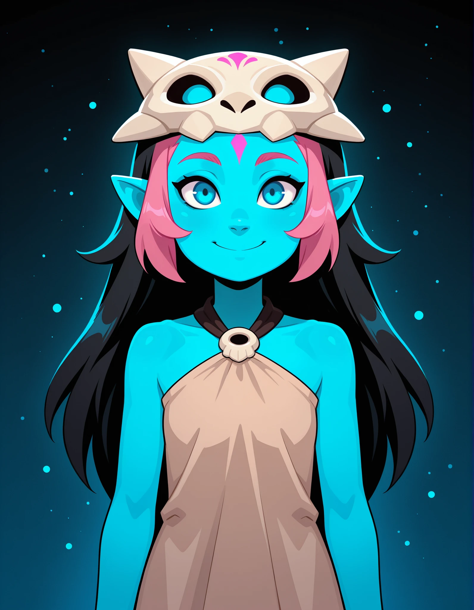 CWITS, Coqueline, blue eyes, blue skin, pink hair, forehead mark,pointy ears, black hair, two tone hair,long hair, barefoot, mask on head,mask, short beige dress, sleeveless, bare shoulders, halterneck, skull, 1girl, solo, facing viewer, looking at viewer, upper body, smile,