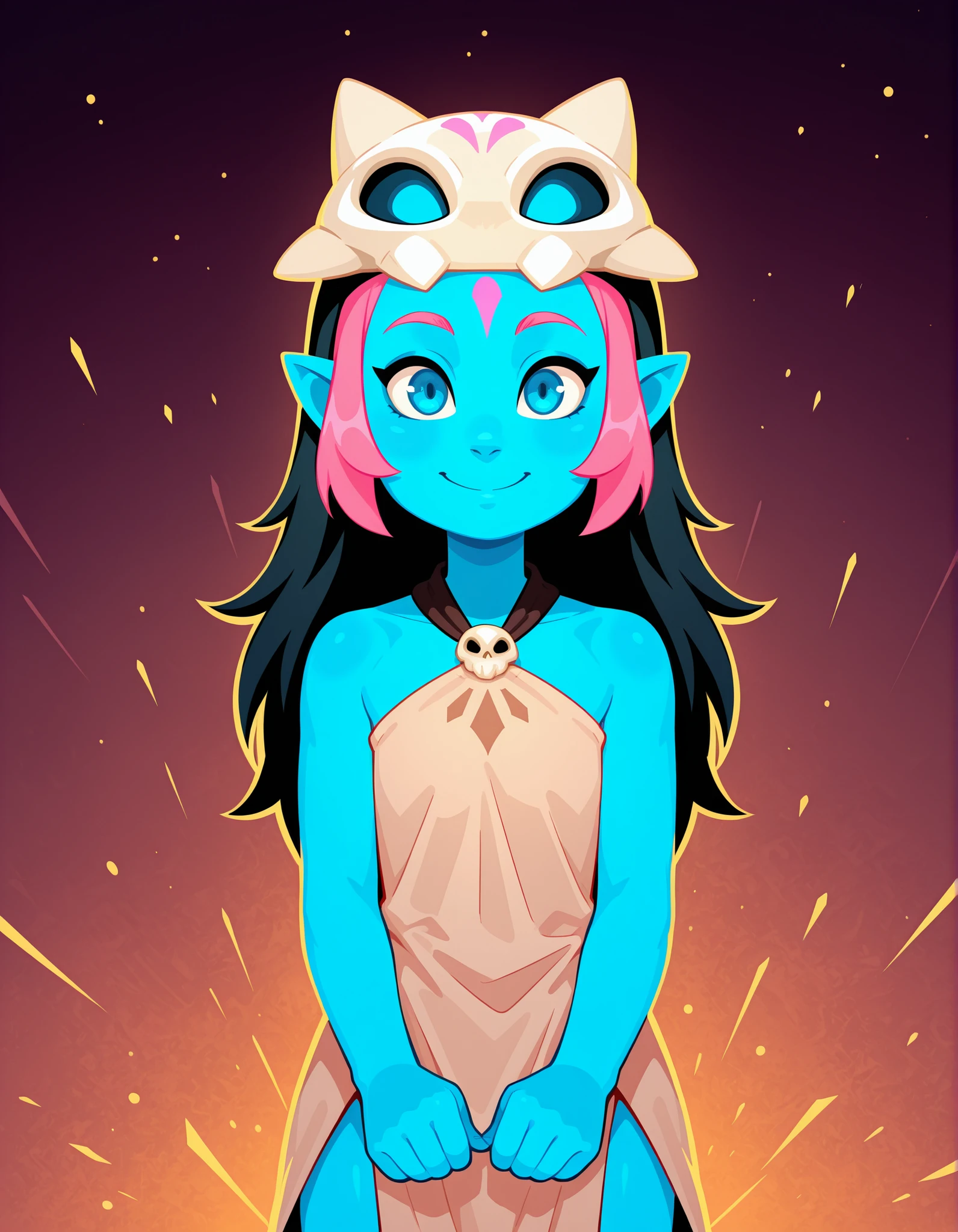 CWITS, Coqueline, blue eyes, blue skin, pink hair, forehead mark,pointy ears, black hair, two tone hair,long hair, barefoot, mask on head,mask, short beige dress, sleeveless, bare shoulders, halterneck, skull, 1girl, solo, facing viewer, looking at viewer, upper body, smile,