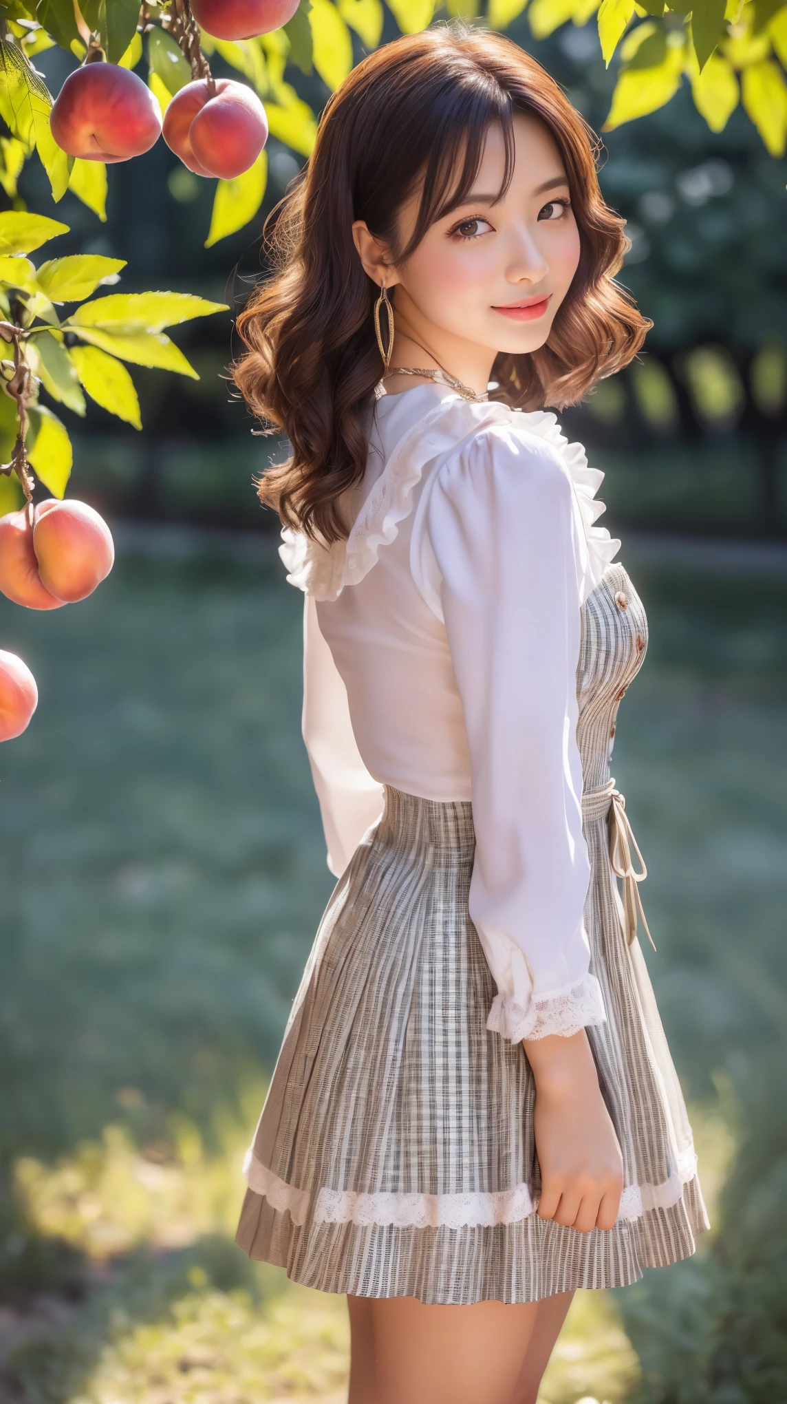 ((ultra high definition in a sexy inviting pose、masterpiece、Photoreal:1.37))((Glamorous Japan actress , Effine has、The side shot uses natural light wisely to compose silhouettes and green leaves。.。28 years old。 beautiful , vibrant atmosphere。Colorful Photos、full body shot、side shot)))、((Her characteristics are、Fair, Clear Skin、natural texture、cute white cotton blouse with crew neck。well-groomed central bust、simple chain necklace。cute crew neck white cotton blouse、dirndl medium length hem、Beautiful ankles:1.2, cute saddle shoes)) brown short curls、Coordination、 early summer color scheme 。This photo was used to show off her well-groomed figure and dirndl.。 cuteness and natural expression and behavior 、single equipped with high performance lenses Using a lens reflex camera.、captures Dirndl's charm。pink plaid traditional dirndl。F4, soft light on her face。