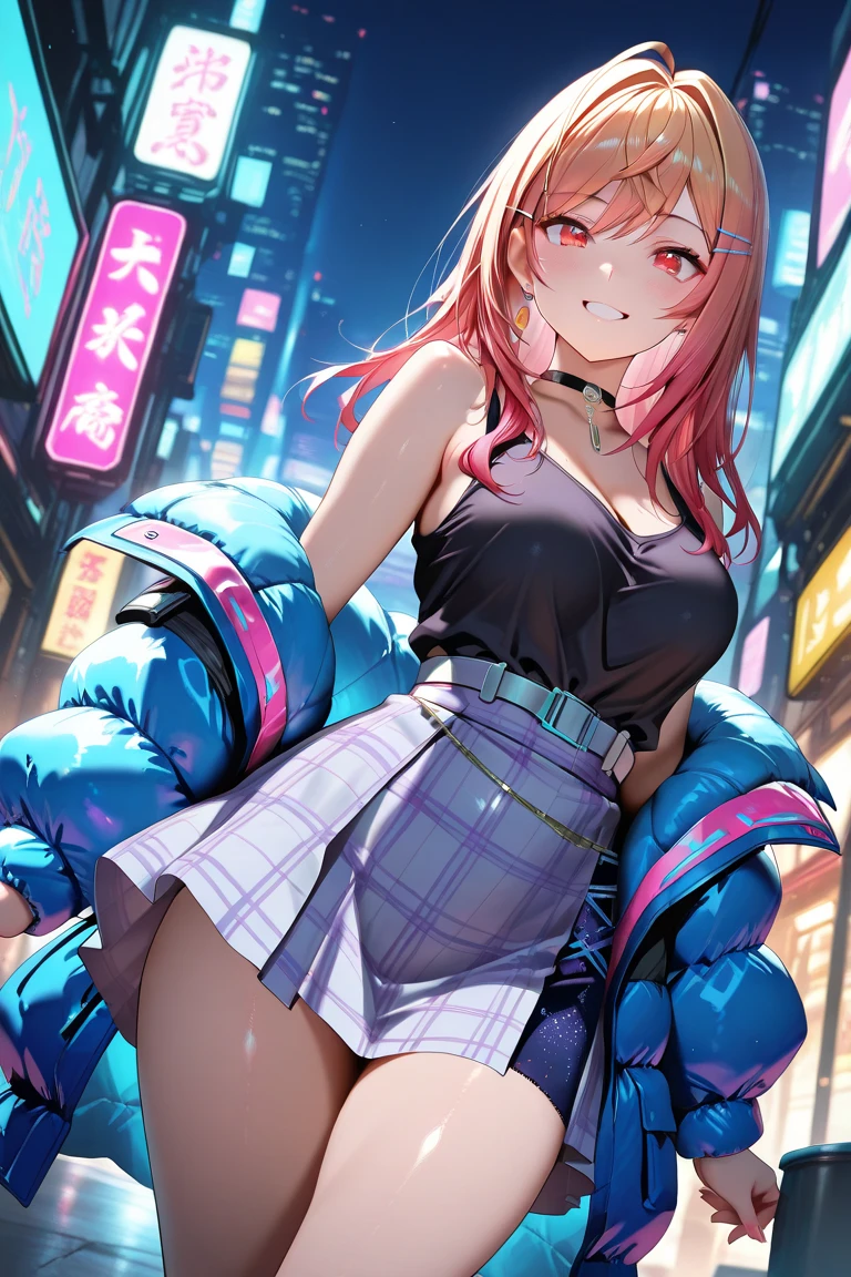 ((masterpiece,Highest quality:1.3,best quality illustration)),cowboy shot,独奏,1woman,(Mature Beauty),pink hair,straight long hair,bangs,brown eyes,(gorgeous eyes),((very small head)),fun,smile,((very long body,skinny)),medium breasts,((Pink baseball jacket、Navy blue pleated mini skirt)),gleaming skin,oily skin,slender body,sweat,standing,on street,Shibuya Station、